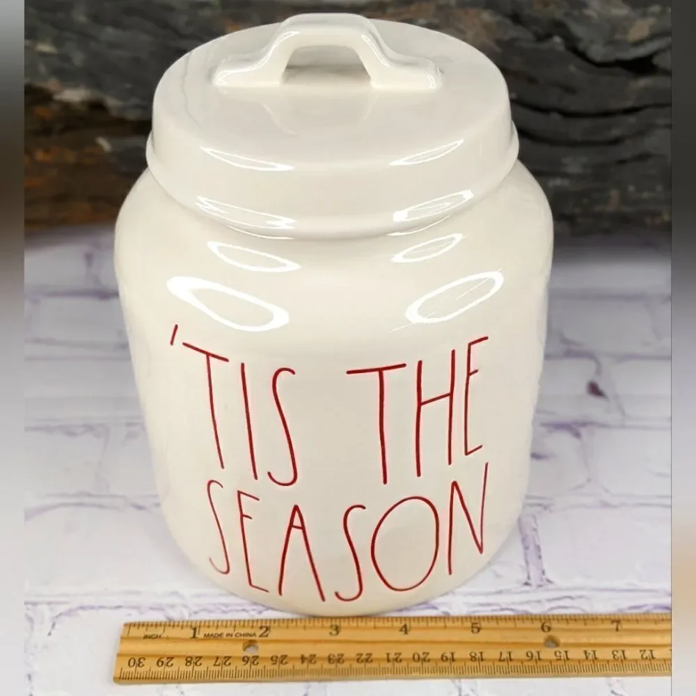 Rae Dunn TIS THE SEASON Ceramic Cookie Jar Canister with Red Lettering